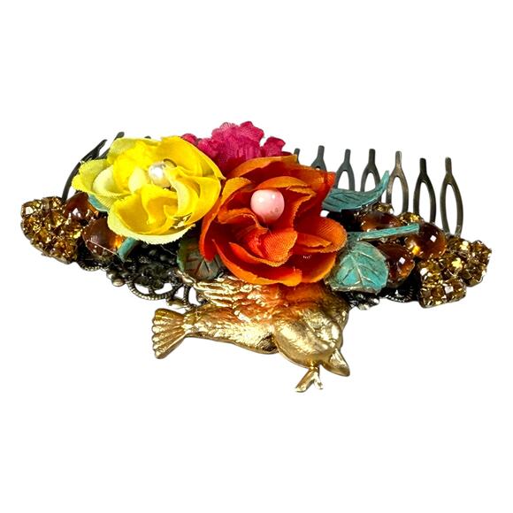 Gold Bird Floral Hair Comb Autumn Rose Bridal Boho Vintage-Inspired Accessory - Picture 3 of 5
